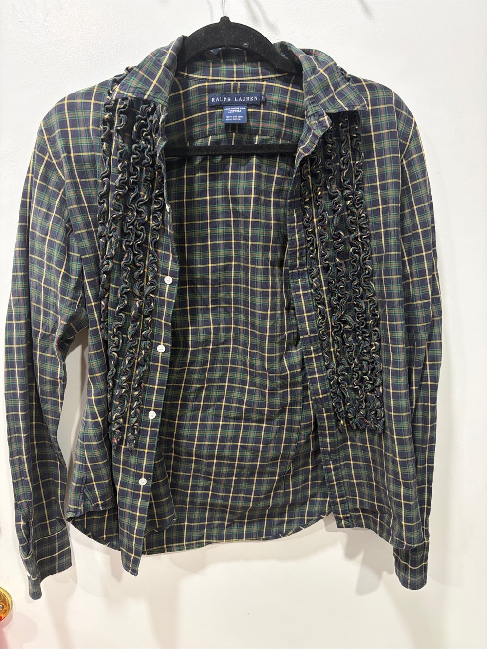 Ralph Lauren Navy and Green Plaid Ruffle-Trim Shirt